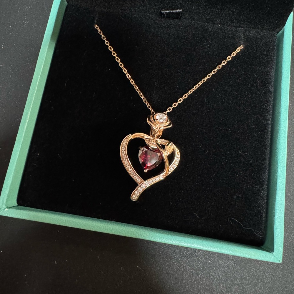 Rose Gold Heart Necklace with Red Gemstone